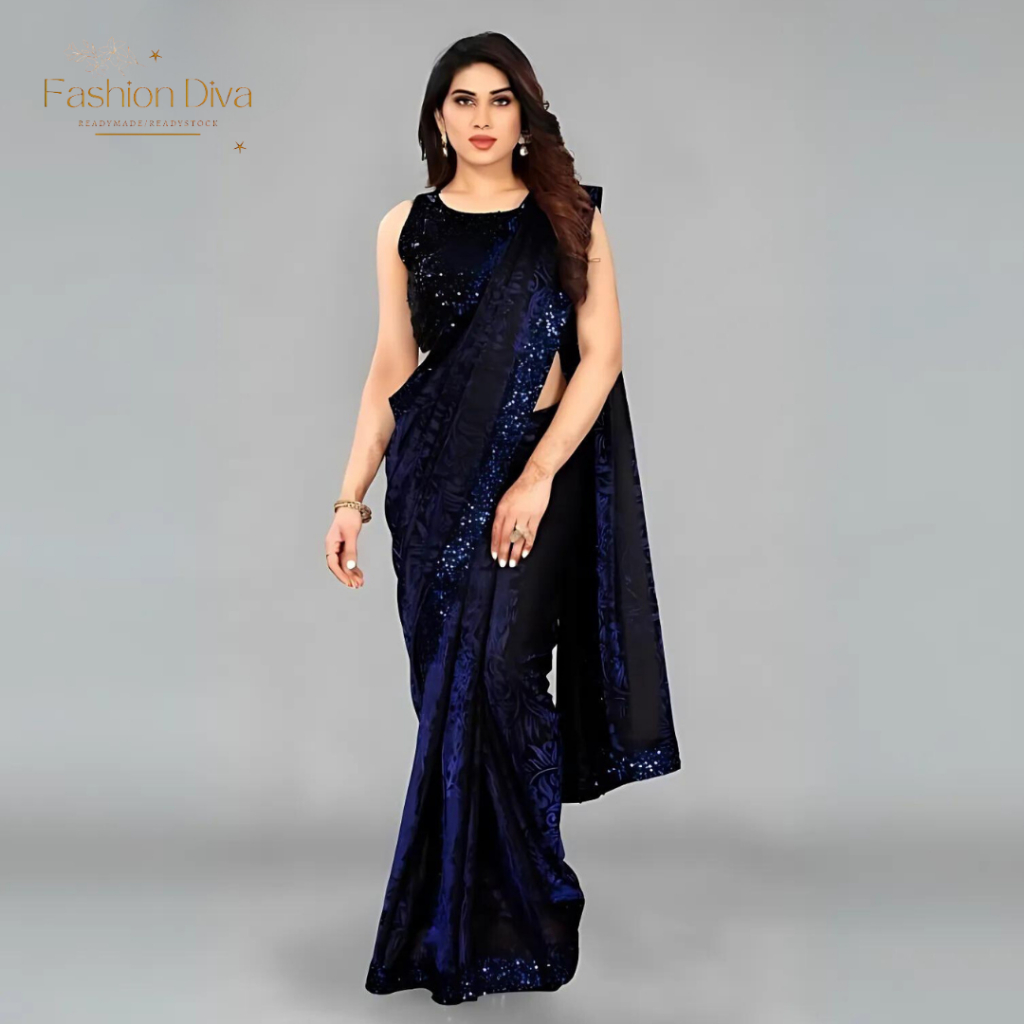แฟนซีเลื่อมเย็บปักถักร้อยดอกไม้ Lycra Blend Saree By Fashion Divaa
