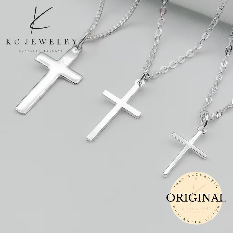 KC Jewelry S925 Silver - จี้ไม้กางเขนเคลือบเงา/Kalunger Rantai Loket Salib Perak จี้ผู้ชายและผู้หญิง