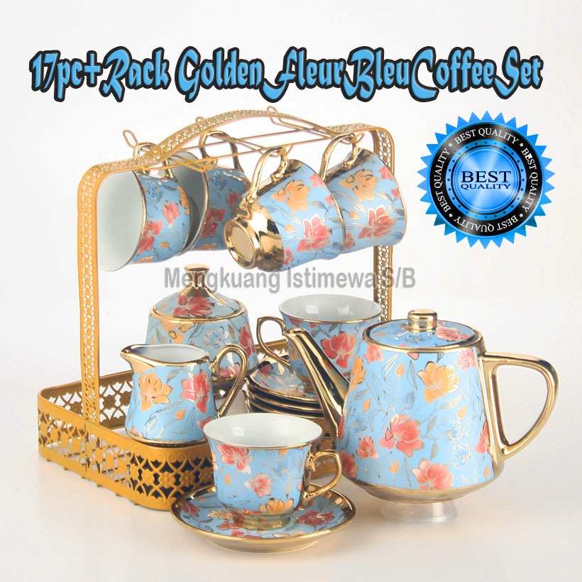 17 PC + RACK NORDIC BIG TEA POT GOLDEN RIM FLEUR COFFEE/TEA SET SESL345YJ