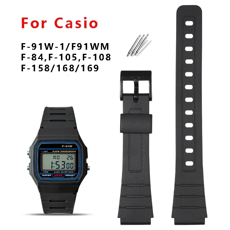 18 มม.สายนาฬิกาทดแทนสําหรับ Casio F-91W-1 F91WM F-84W F-94W สีดําเรซิ่นพลาสติกนาฬิกา