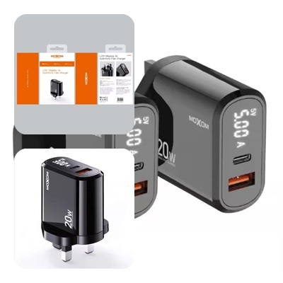 MOXOM LX-HC801 จอแสดงผล LCD Dual-Ports Fast Charger Type-C อะแดปเตอร์ USB