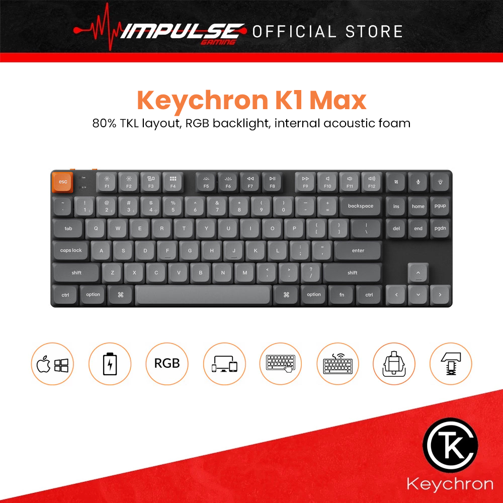 Keychron K1 Max ANSI 80% TKL 87 คีย์สีดํา Low Profile RGB คีย์บอร์ดไร้สาย - สวิตช์สีแดง / น้ําตาล