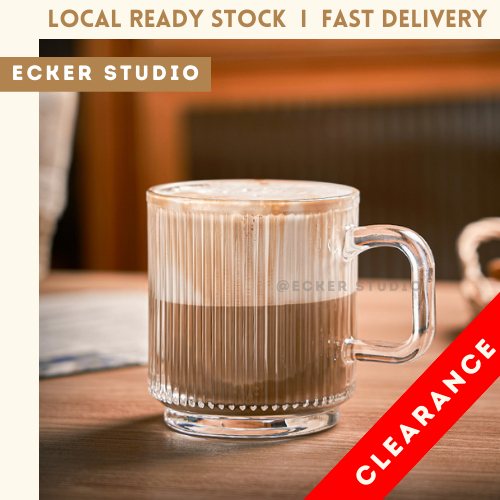 [Ecker Studio] 340ML Ins ถ้วยแก้วแก้วกาแฟแก้ว/แถบแนวตั้งถ้วยโปร่งใสสไตล์ Ins สไตล์ญี่ปุ่น 维纹杯带手