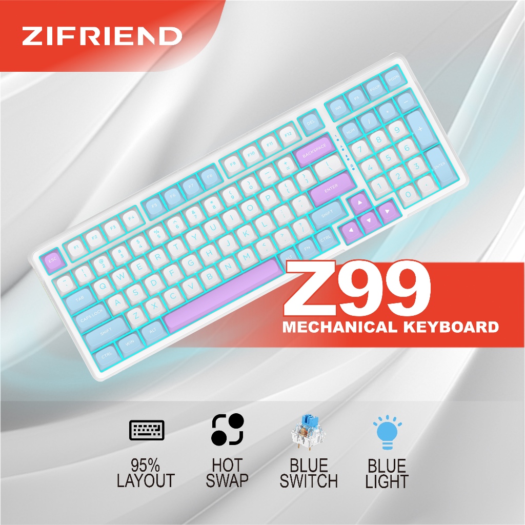 ZINFRIEND Z99 คีย์บอร์ดแบบกลไกแบบมีสายสวิตช์สีน้ําเงิน Pluggable Blue Light Gaming Keyboard