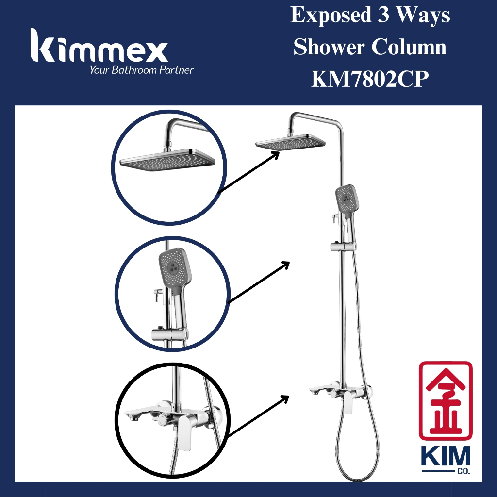 Kimmex 3 Ways ชุดคอลัมน์อาบน้ํา (KM7802CP) ชุดฝักบัวอาบน้ําในห้องน้ํา Kepala Paip Panas Sejuk