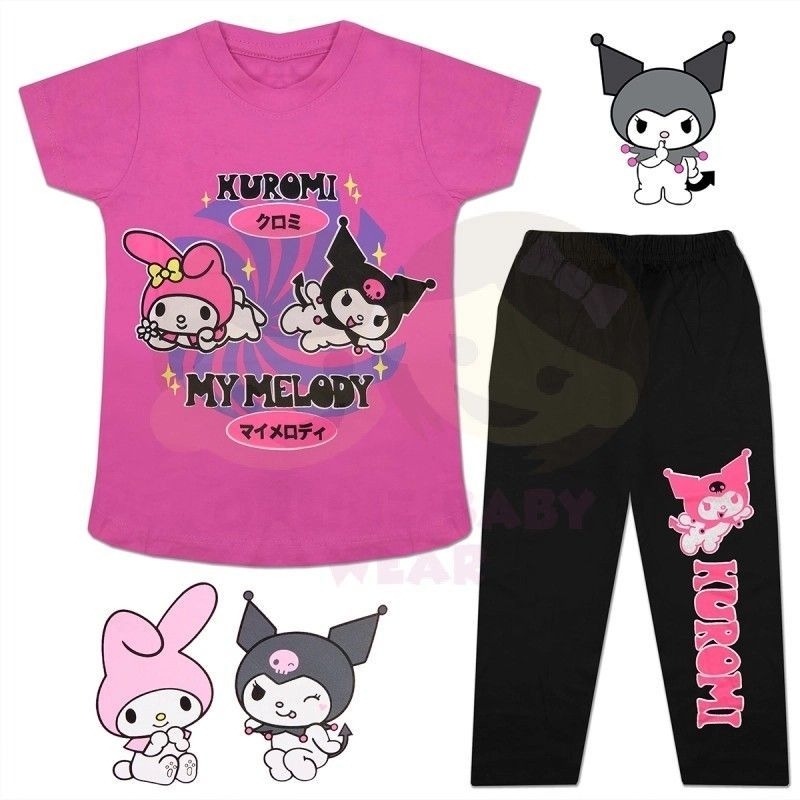 BAJU TIDUR / SLEEPWEAR /PIJAMA : (1Y-6Y) NR สีชมพู KUROMI MELODY STARS Cotton Kids Girls Budak Perem