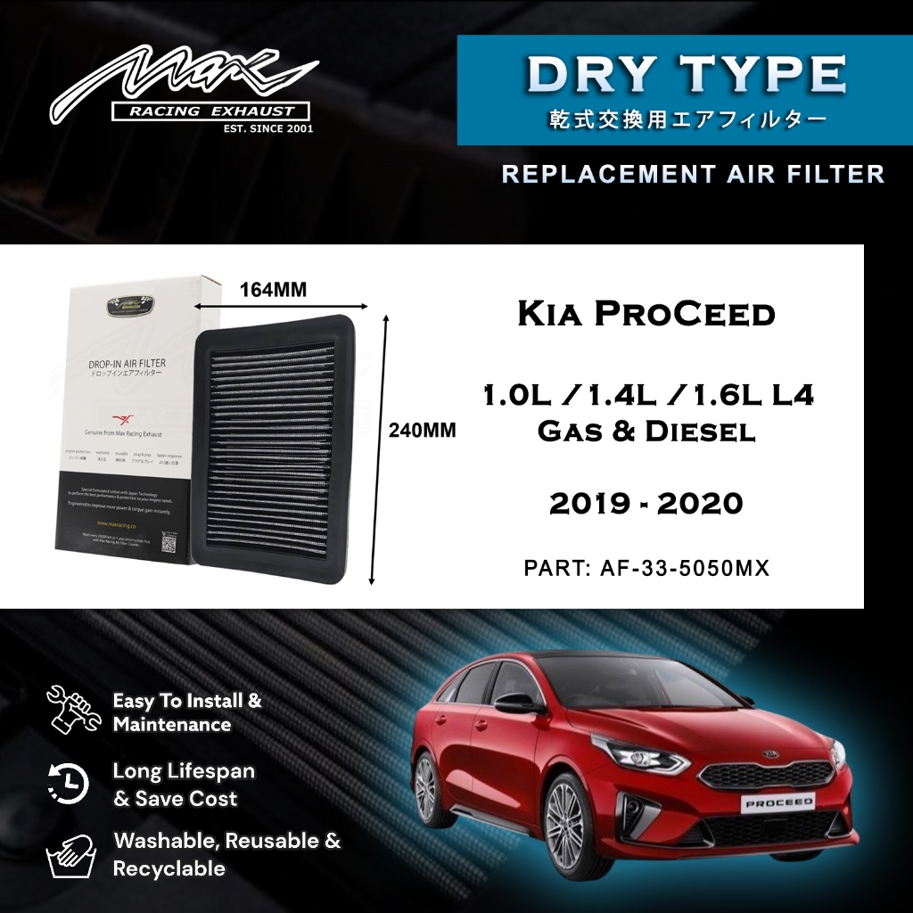 Kia ProCeed 1.0L /1.4L / 1.6L L4 Gas & Diesel 2019 ถึง 2020 33-5050MX Max Racing Performance Drop-in