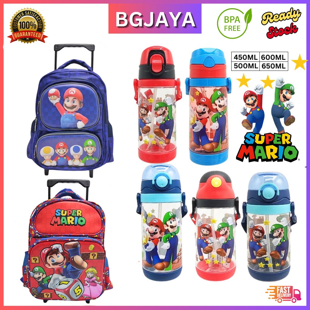 Super Mario Kids Cartoon Water Bottle Straw Drinking Bottle BPA Free Botol Air Kanak (BGJAYA)