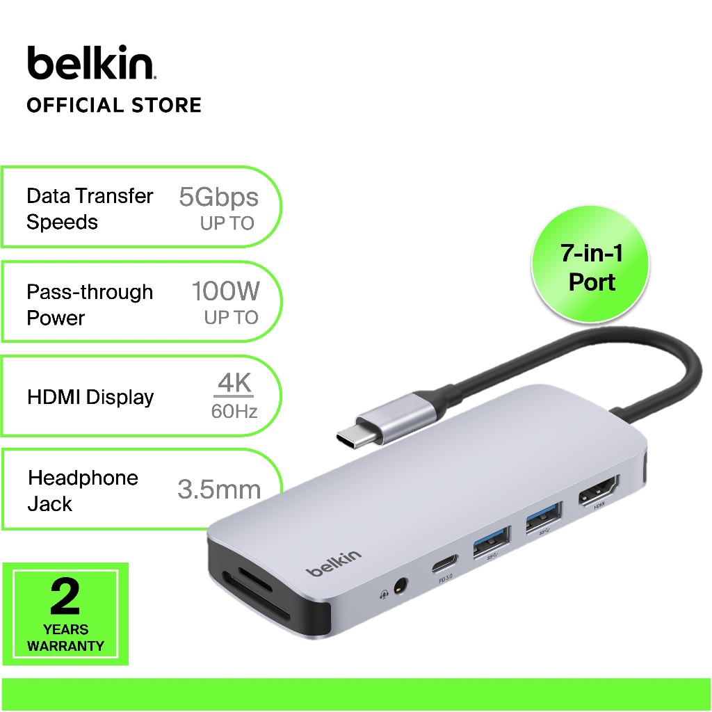 Belkin AVC009fqSGY-V2 Connect USB-C 7-in-1 Multiport Hub Adapter 4K60Hz (ipad,macbook,แท็บเล็ต,แล็ปท