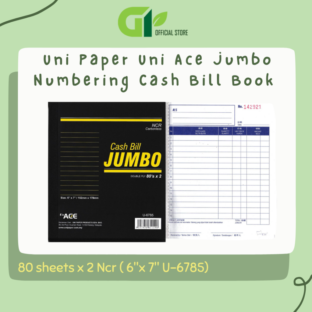 Uni Paper Uni Ace Jumbo Numbering Cash Bill Book 80 แผ่น x 2 Ncr ( 6" x 7" U-6785)