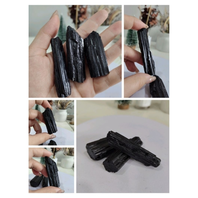 Black Tourmaline Black Tourmaline หินหยาบ/ทัวร์มาลีนสีดํา/Tourmaline หินหยาบ/แบบพกพา/แถบยาว