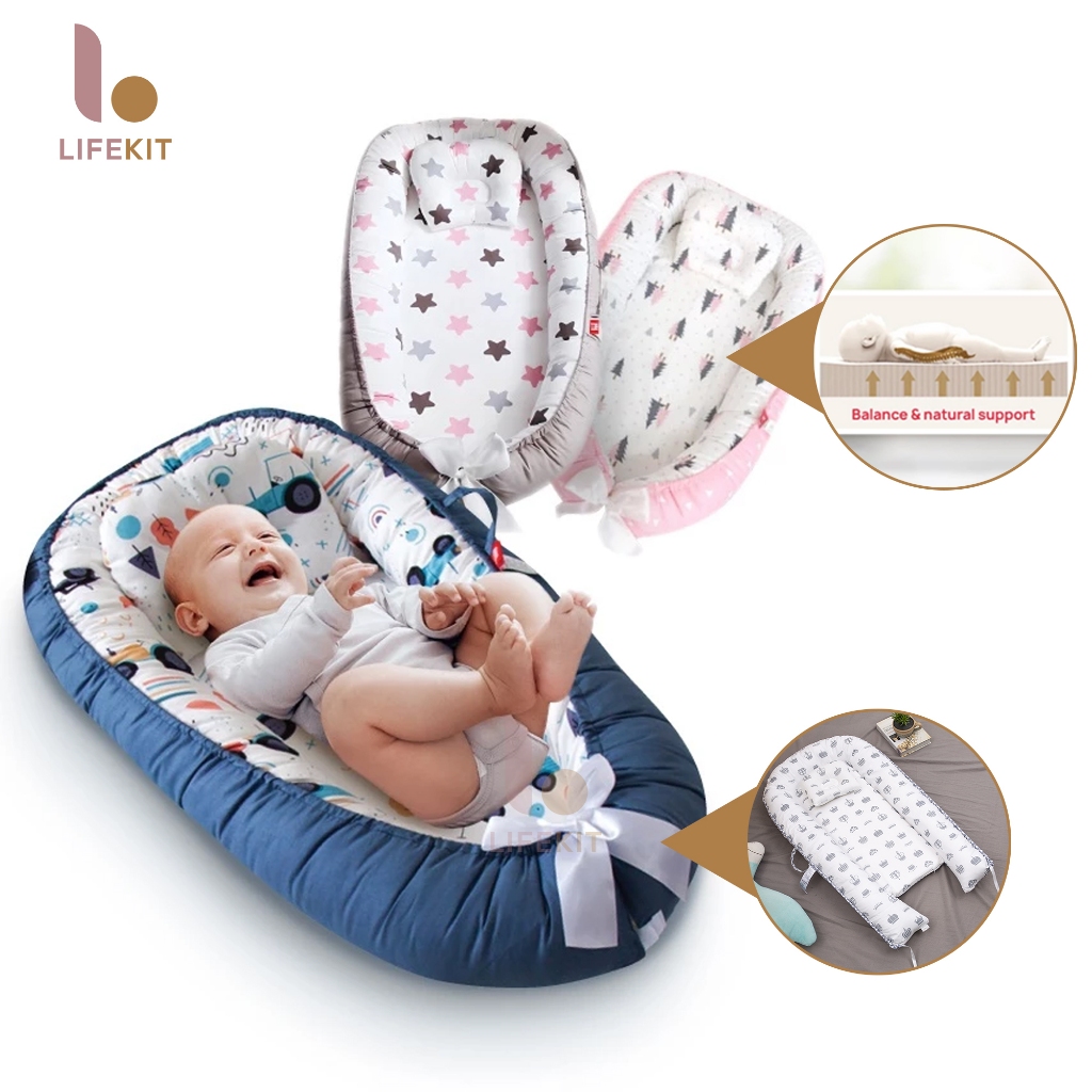 เตียงรังเด็กพร้อมหมอนเปลแบบพกพาเตียงเดินทางทารกเด็กวัยหัดเดินผ้าฝ้าย Cradle Bassin ที่นอนเด็ก Tilam Bayi