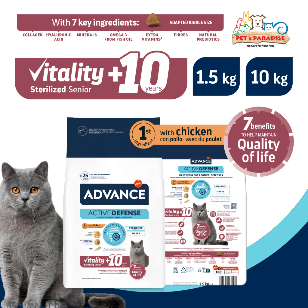 ADVANCE Active Defense CAT Vitality STERILIZED SENIOR +10 ไก่ Makan Kucing อาหารแห้งระดับพรีเมียม