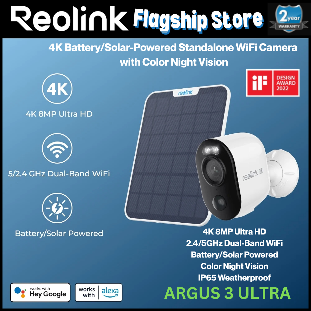 Reolink Argus 3 Ultra 4K พลังงานแสงอาทิตย์แบตเตอรี่ขับเคลื่อนความปลอดภัยไร้สายกล้อง IP สี Night Visi