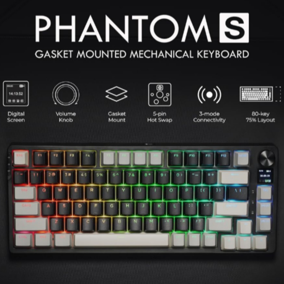 TECWARE Phantom S 75% คีย์บอร์ดแบบกลไก RGB แบบติดตั้งบนปะเก็นพร้อมจอแสดงผล/TFT และลูกบิดสีดําและสีเทา