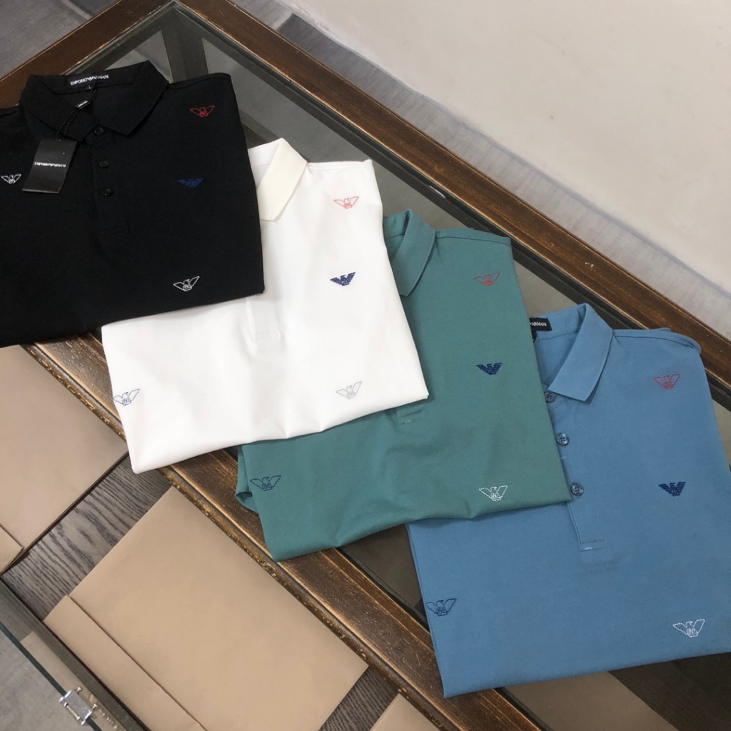 Giorgio Armani ธุรกิจแฟชั่นปักผ้าฝ้ายปกผู้ชายเสื้อยืดแขนสั้น Kemeja polo lelaki