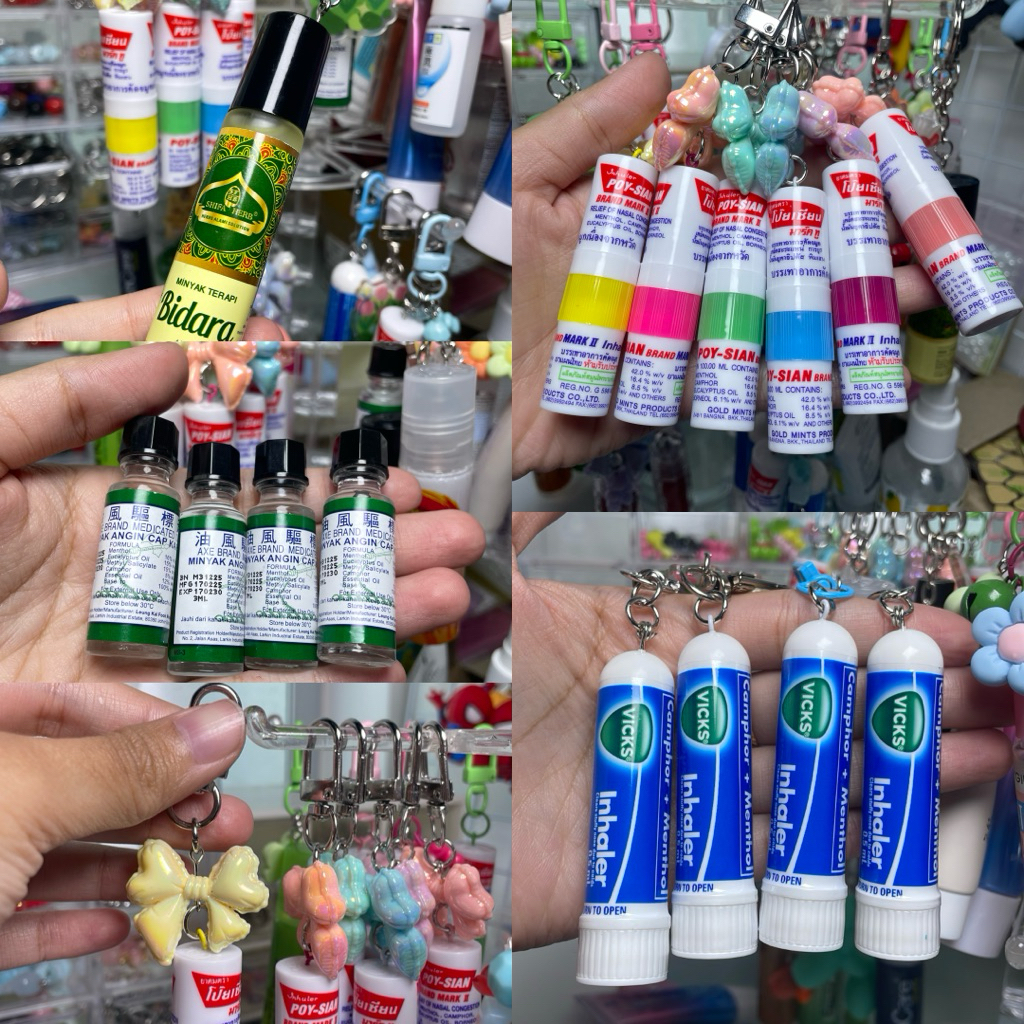 KEYCHAIN (เลือก remark pearl/ribbon/ดอกไม้) CAP KAPAK/VICKS/POYSIAN/FRESHCARE/WOOD OIL/YUYEE/GAMAT