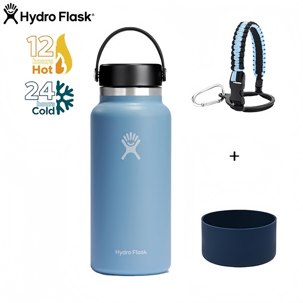 Hydro Flask 20oz 32oz 40oz ปากกว้างพร้อมสายรัดและรองเท้าบูทขวดน้ําสแตนเลสแก้วฉนวนสูญญากาศ