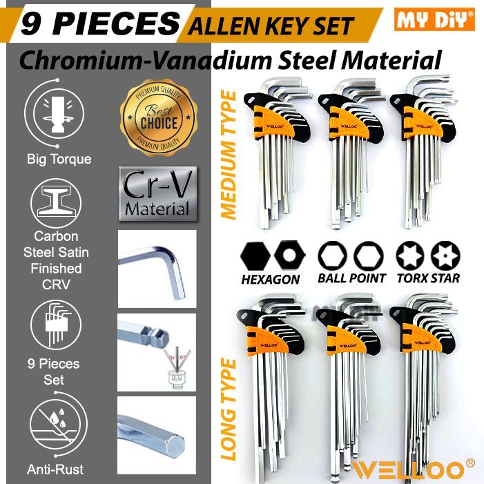 Welloo 9 ชิ้น ชุดกุญแจอัลเลนแบน Hex Allen Key Ball Point Allen key Torx Star Allen Key CRV