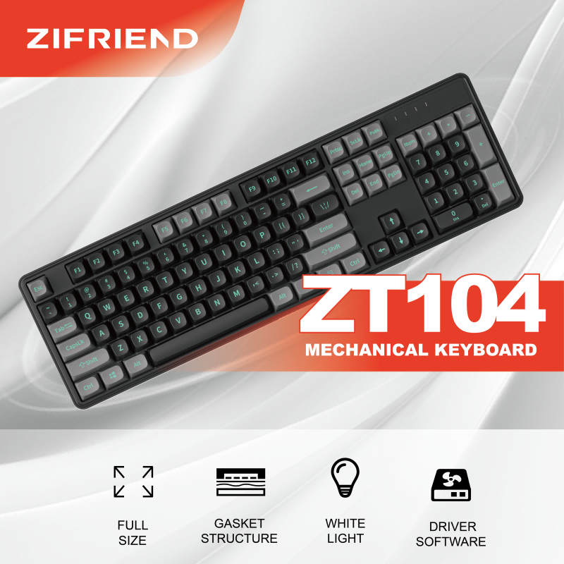 Zifriend ZT104 คีย์บอร์ดแบบมีสาย 104 คีย์ปะเก็นคีย์บอร์ดเกมแบ็คไลท์สีขาว