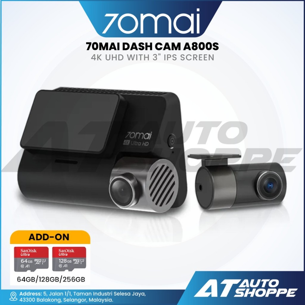 70mai Dash Cam A800S 4K UHD with 3" IPS Screen, Dual-Channel Optional