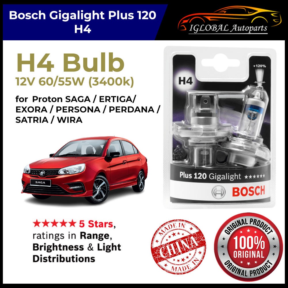 หลอดไฟหน้า Bosch H4 Plus 120 Gigalight สําหรับ Proton Saga, Exora, Wira, Satria, Persona, Gen2, Perd