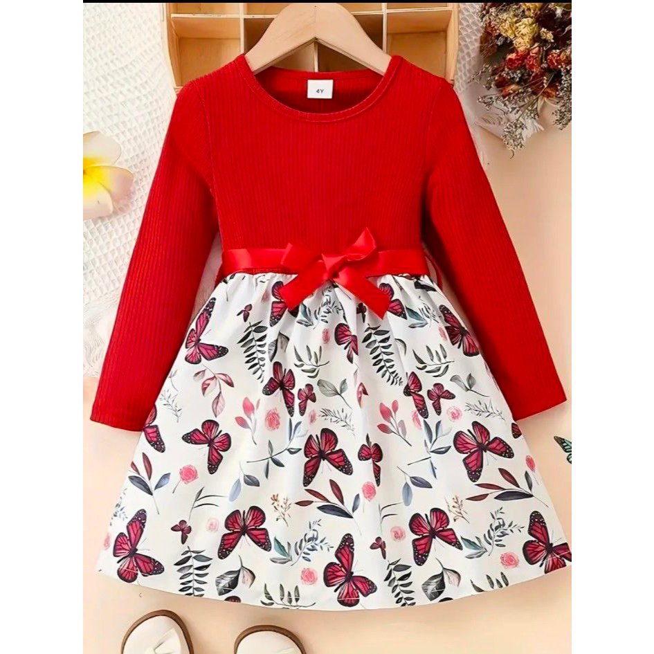 MERAH (2/3Y~6/7Y) RED DRESS FOR GIRLS DAILY/RAYA (KIDS GIRL PRINCESS DRESS)