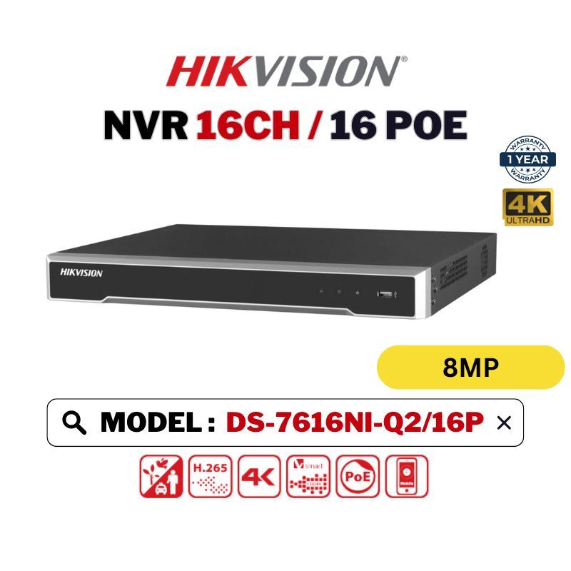 HIKVISION กล้องวงจรปิด NVR เครือข่าย 16CH 8MP 4K Plug And Play Video Recorder พร้อม 16 PoE DS-7616NI