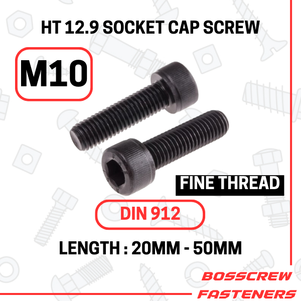 สีดํา - สกรูหัวจมหกเหลี่ยมเกรด HT 12.9 m10 x (20 มม. ~ 50 มม.) เกลียวละเอียด (มู่เล่ 1.25 มม.)