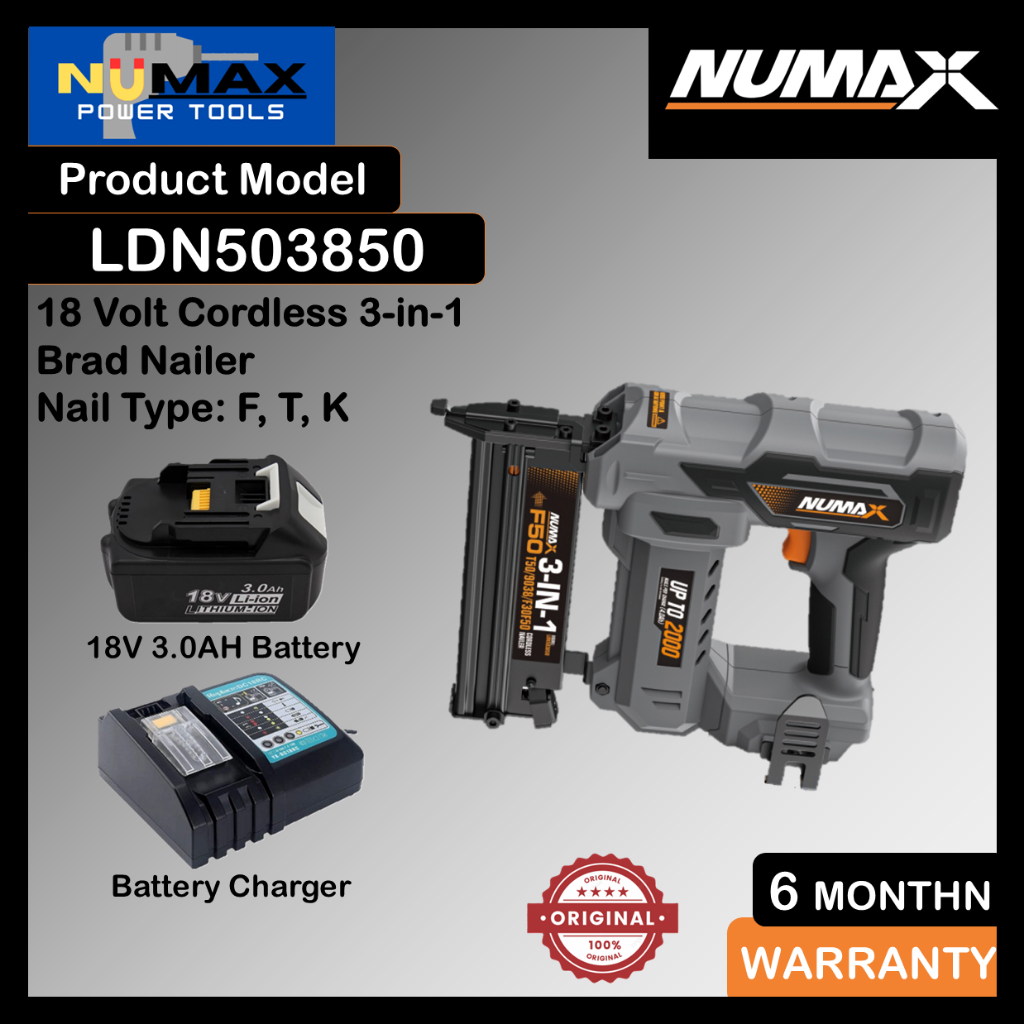 NUMAX LDN50385018V Cordless Brad Nailer 3-in-1 (ประเภทเล็บ: F, T, K )