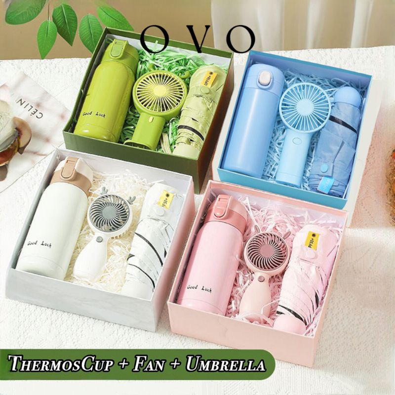OVO ฟรี GIFTCARD ชุดวันเกิดของขวัญปฏิบัติ Thermos ขวดพัดลมร่ม kipas ครูวัน Hadiah งานแต่งงาน