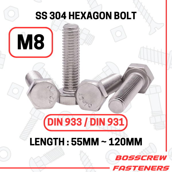SS 304 Hexagon Bolt m8 x (55mm ~ 120mm) (พิทช์ 1.25mm) (เกลียวคอ/เบนังคาซาร์)