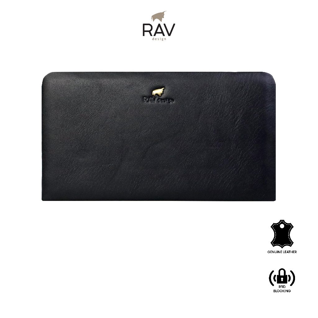 RAV DESIGN กระเป๋าสตางค์ผู้ชายทรงยาว Zipped พร้อม RFID Blocking / Leather / Black & Brown & Grey / R