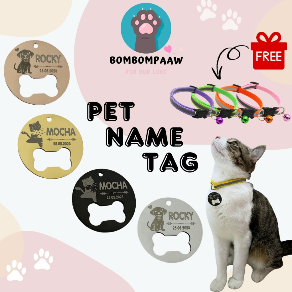 Bombompaaw ที่กําหนดเองสัตว์เลี้ยงชื่อแท็กปลอกคอสแตนเลสรอบกระดูกสุนัขชื่อแท็ก Teg Nama Kucing Locket
