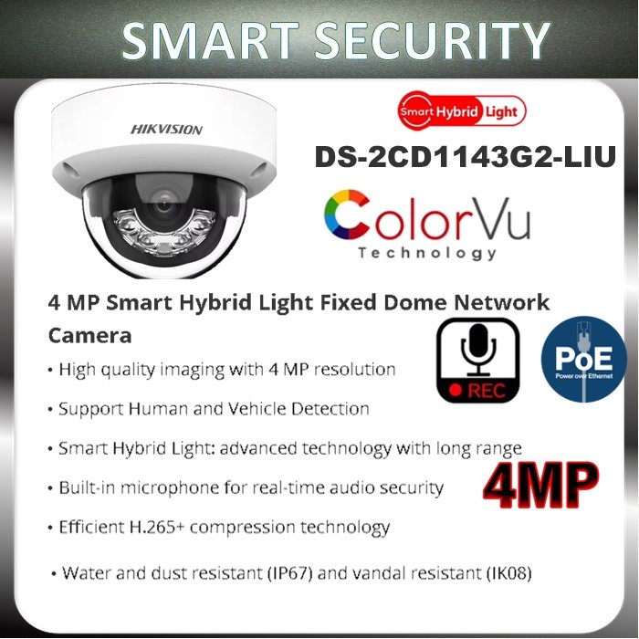 HIKVISION IPPOE 4MP SMART HYBRID LIGHT COLOR MOTION พร้อมเสียง RECORDING DS-2CD1143G2-LIU