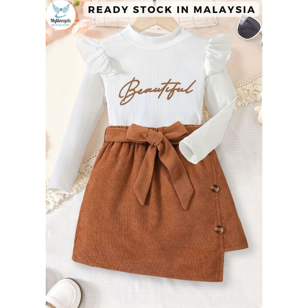 Mylilangelz X7060 ชุดเด็กกราฟิก Ribbed Top & Corduroy กระโปรงชุด 2 ชิ้น