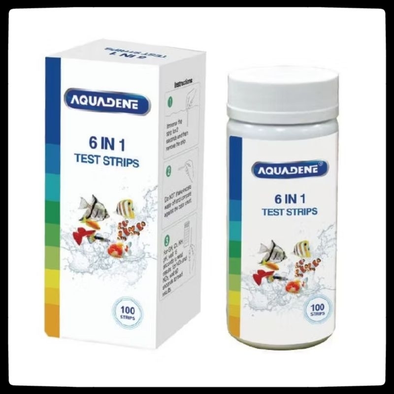 Aquadene 6 in 1 แถบทดสอบ 100 ชิ้น Test Aquarium Water NO3, NO2, CI, GH, KH, PH