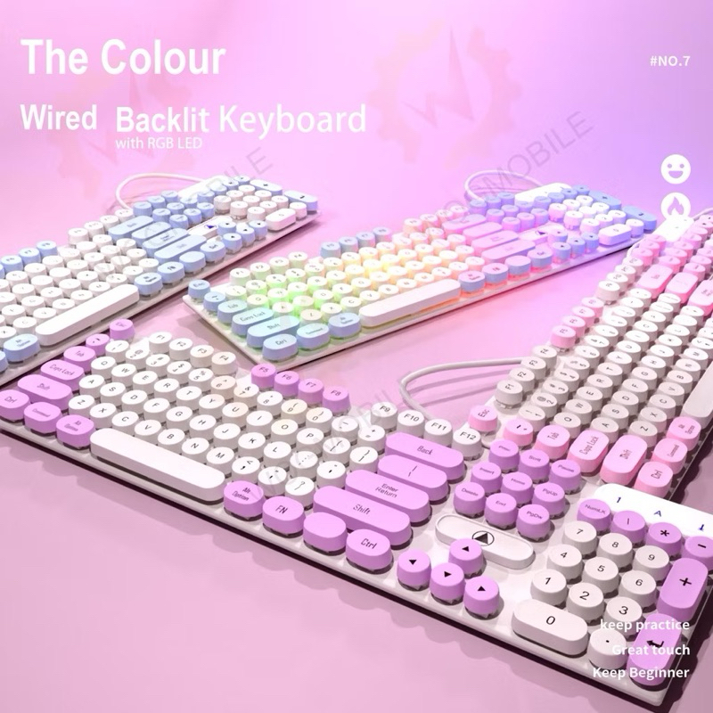 คีย์บอร์ด RGB แบบมีสาย ไฟ RGB สีลูกกวาด