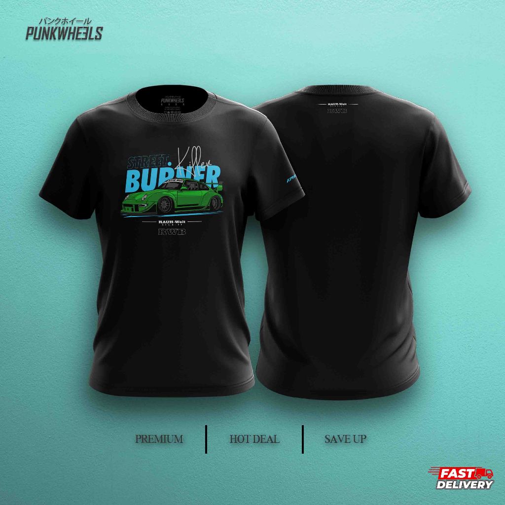 [OFFICIAL PUNKWHEELS] เสื้อยืด PORSCHE 911 RWB Custom Design Graphic Tee(XS-5XL)สีดํา