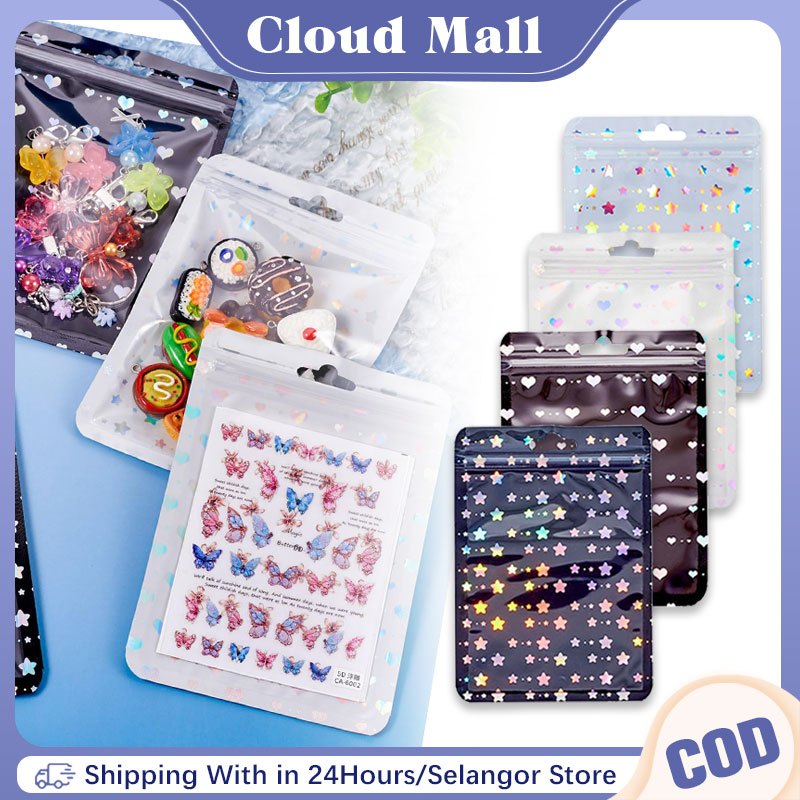 100 ชิ้น Plastik Ziplock Star แฟนซี Plastik Ziplock โฮโลแกรมถุงบรรจุภัณฑ์เครื่องประดับ