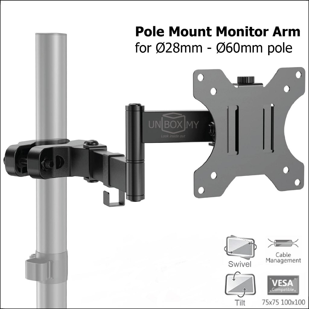 Full Motion Pivot Pole Mount Monitor Arm TV Holder Bracket Tilt Swivel หมุนขยาย 28-60 มม.เสา