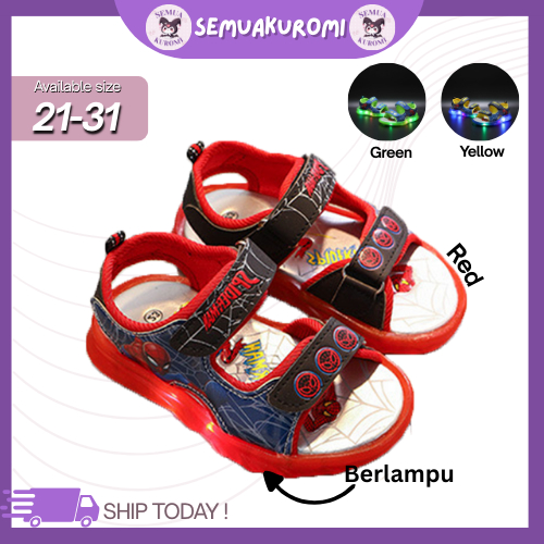 SEMUA KUROMI 21-31 Spiderman LED Light Breathable Marvel Superhero รองเท้าสําหรับเด็กรองเท้าแตะ HK97