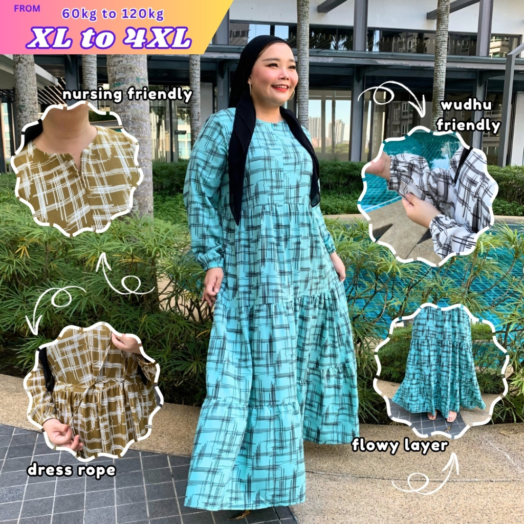 Plus Size (XL-4XL) Front Zip Silk Soft Crepe Abstract Layer Long Dress Muslimah Jubah (30090-7)