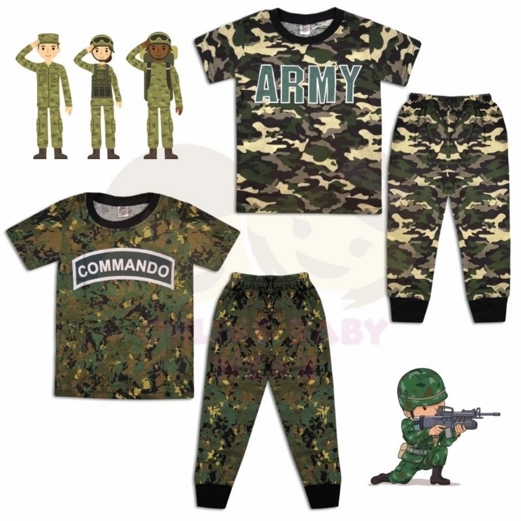 BAJU TIDUR SLEEPWEAR PIJAMA MERDEKA(1Y-12Y) NR MILITARY FULL PRINT Cotton Kids Army Boys Amar Men