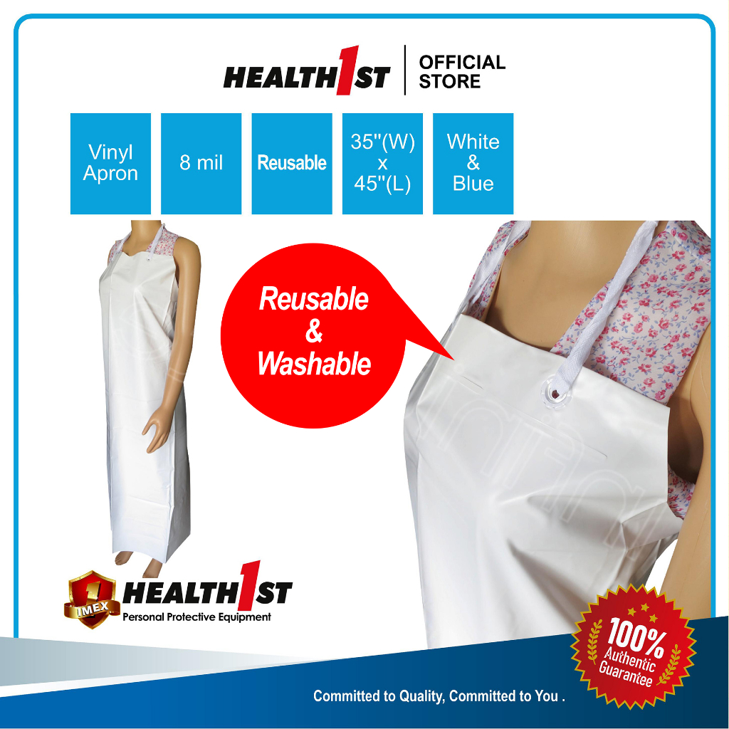Health1st ผ้ากันเปื้อนไวนิล 35 "x45" 8 ล้านนํากลับมาใช้ใหม่ 1 ชิ้นสีขาว/น้ําเงิน | 水塑料重复水防油35"x45" 1