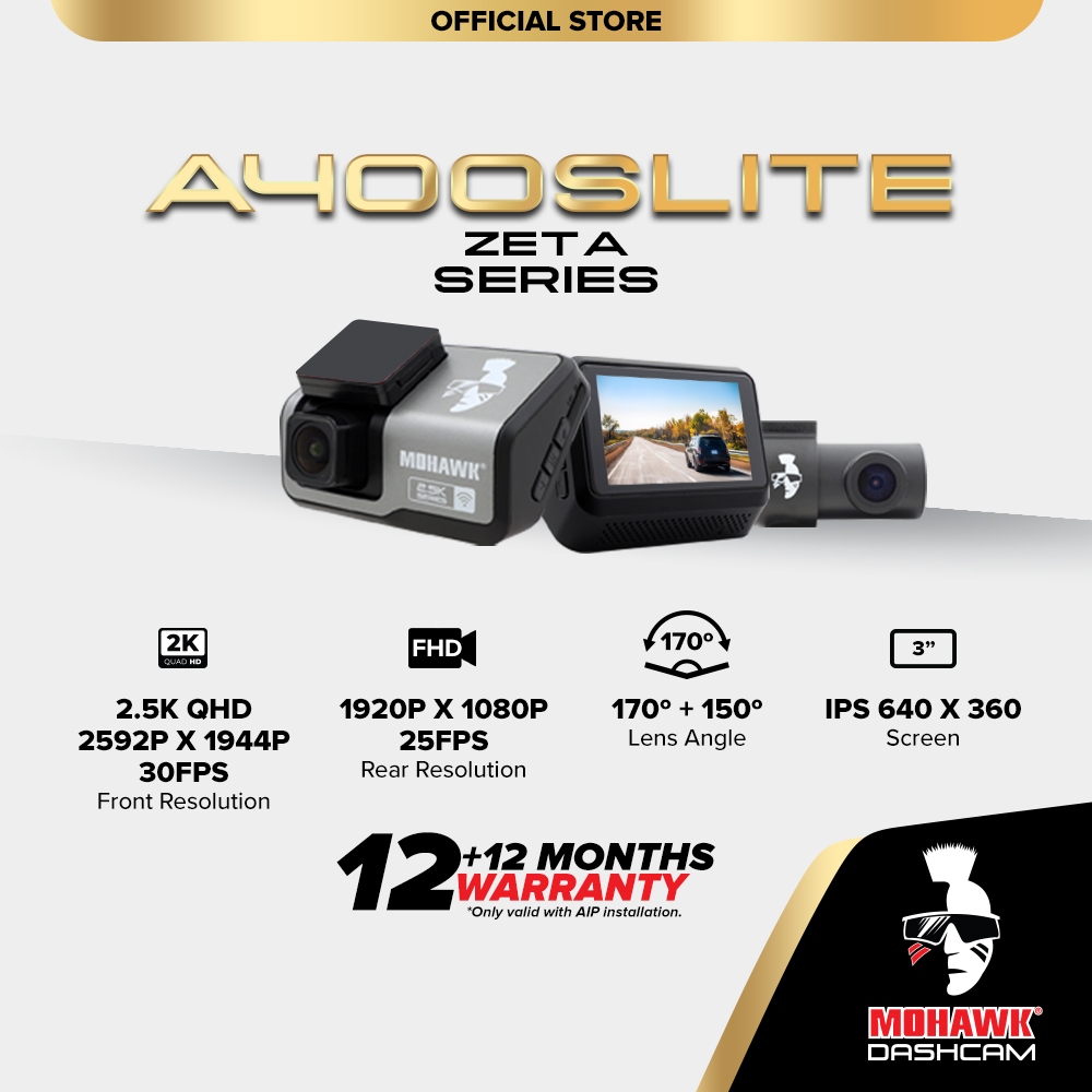 Mohawk Dashcam A400slite DVR Car Recorder Dual Channel 2.5K QHD 1440P Dash Cam