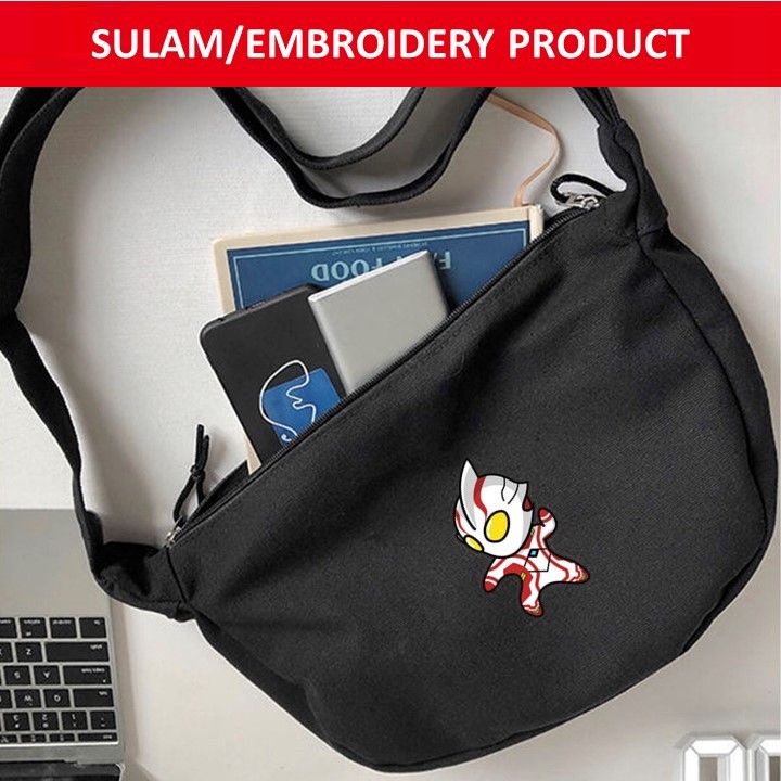 EMBROIDERY SULAM ULTRAMAN MEBIUS CHIBI LOGO BLACK CANVAS ZIPPER CROSSBODY SHOULDER SLING BAG