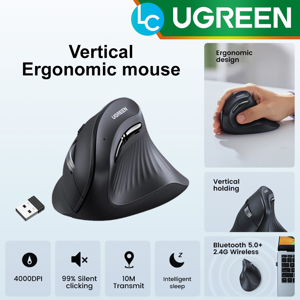 UGREEN เมาส์ตามหลักสรีรศาสตร์แนวตั้ง Dual Mode Bluetooth & 2.4G Silent Clicks 4000 DPI เมาส์ไร้สาย (