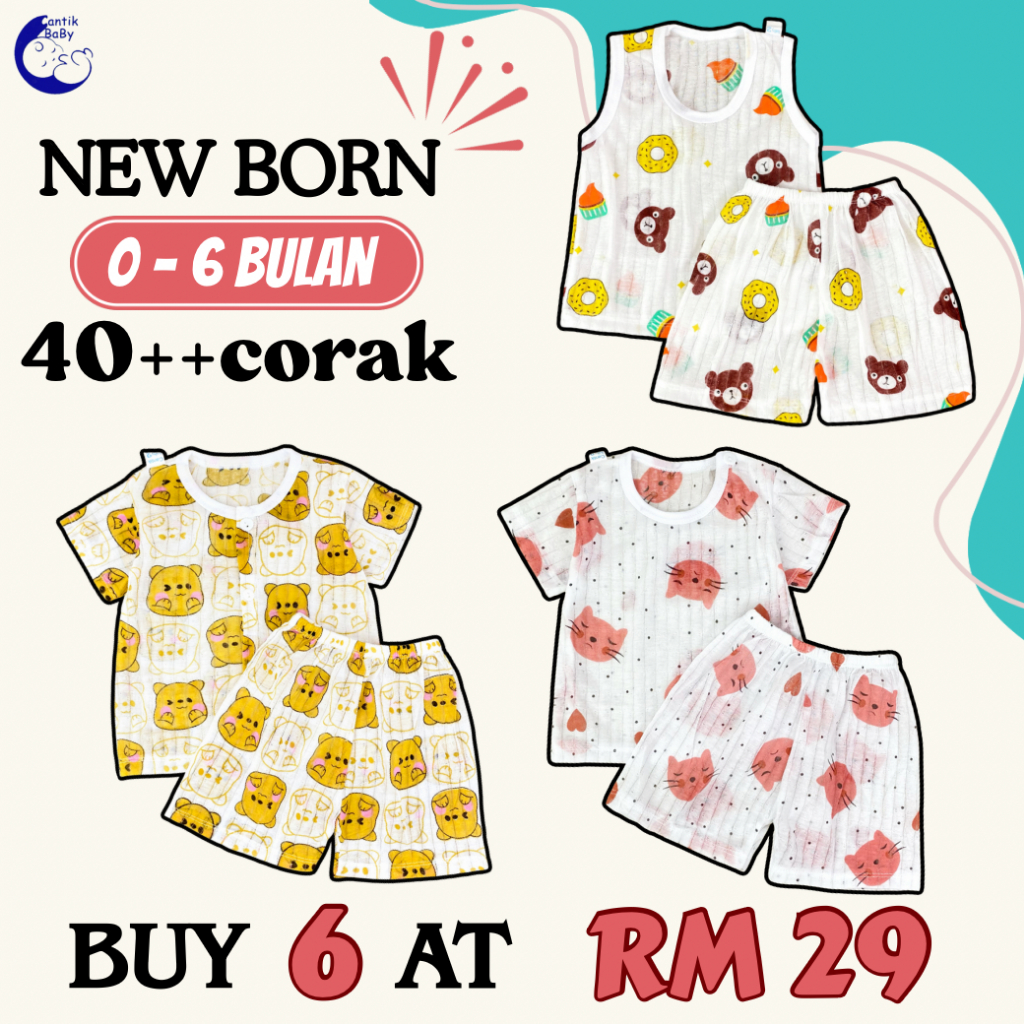 CantikBaby Baju Bayi ทารกแรกเกิด 0-6 Bulan Set Baju Harian (T shirt/Butang(Button)/Singlet) Cotton K