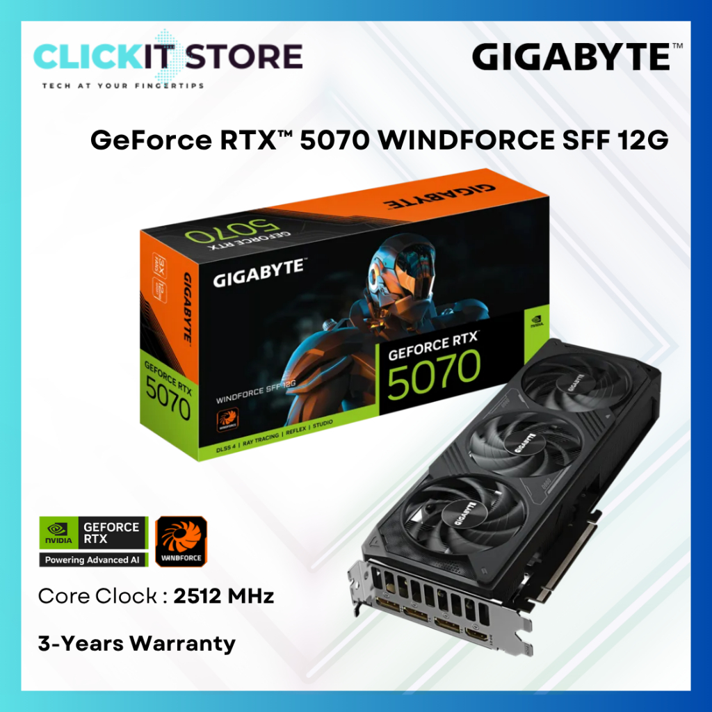 กราฟิกการ์ด GIGABYTE GeForce RTXTM 5070 WINDFORCE SFF 12G | 2512 เมกะเฮิรตซ์ | GV-N5070WF3-12GD